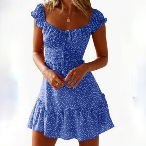 Valphsio Smocked Dress Ruffle Floral Tie Front Boho Mini/Short Dress Small - Picture 1 of 9